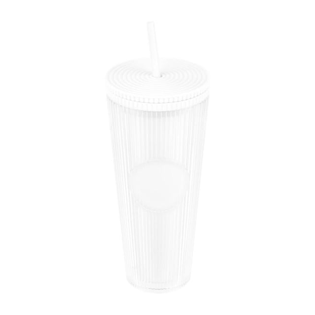 Vaso de plástico doble pared con popote y diseño texturizado blanco 9.7 x 22.7