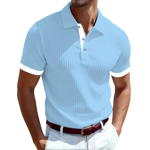 FRSASU Henley Shirts for Men Short Sleeve Waffle Shirt Summer Casual Solid Button Up Crewneck Lightweight Tees Tops Light Blue