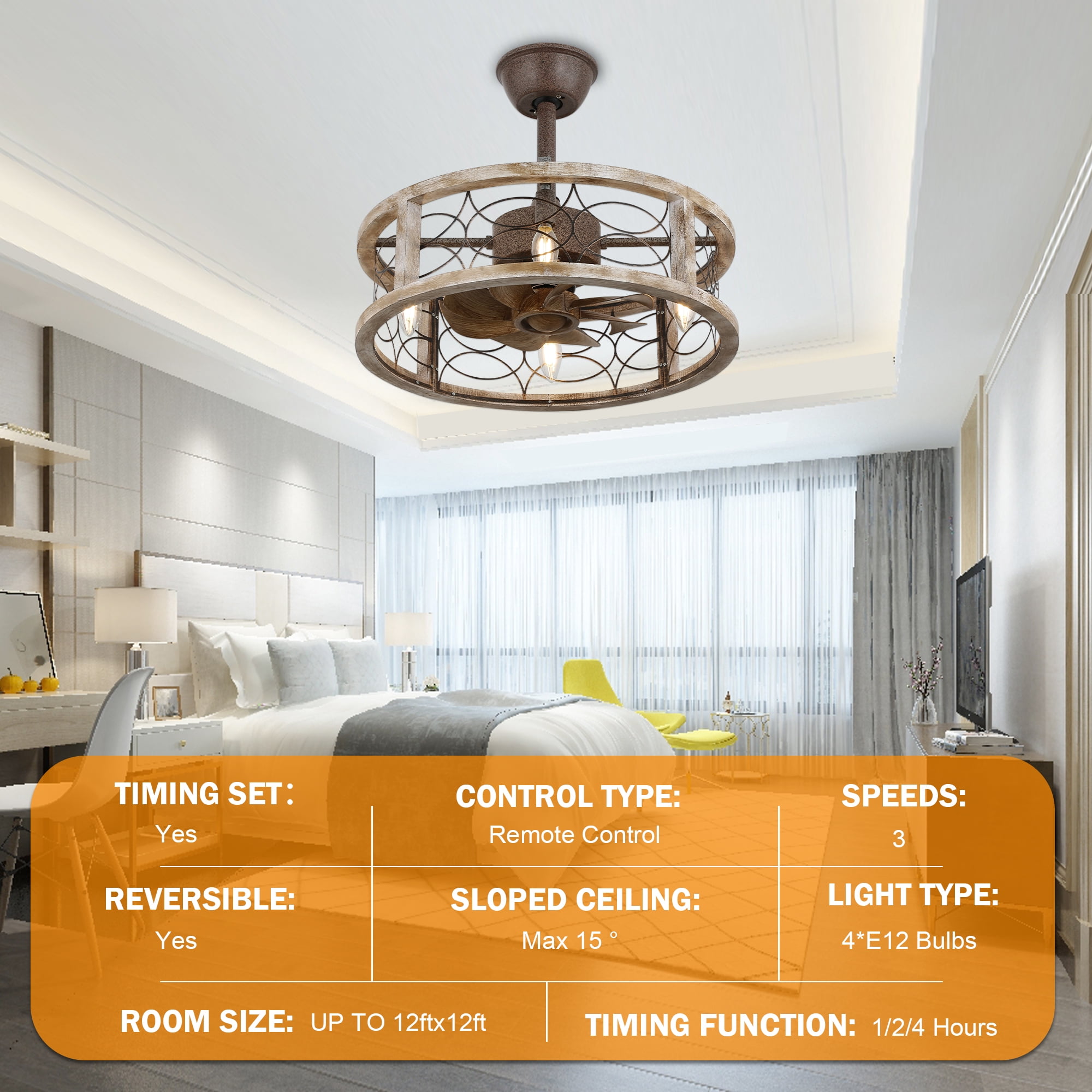 Chords Attic 20" Rustic Caged Ceiling Fan with Light and Remote Control, 4-Light Farmhouse Wood Finish Ceiling Fan Fixture for Bedroom, Living Room