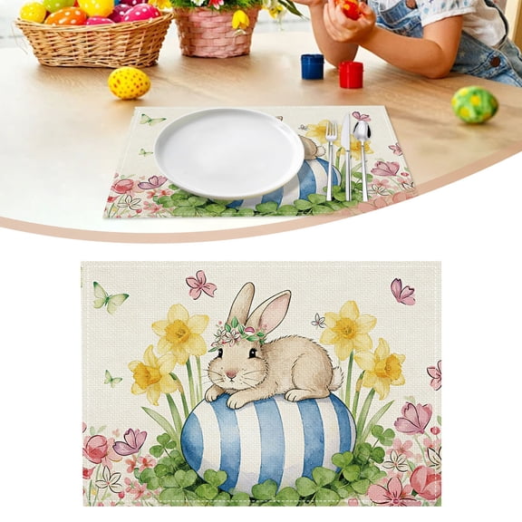 WUXIAB Buffalo Plaid Mat,Easter Party Supply,Table Decor Accent,Easter Dinner Mat,Spring Dining Accessory,12x18 Inch Easter Placemat,Bunny in Flower Wreath on Blue Striped Egg Design,Spring Table Mat