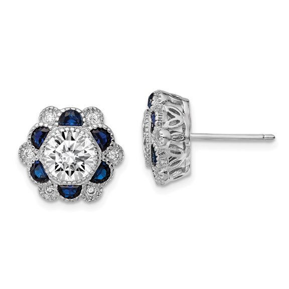 Primal Silver Sterling Silver Rhodium Blue Spinel and Cubic Zirconia Flower Post Earrings