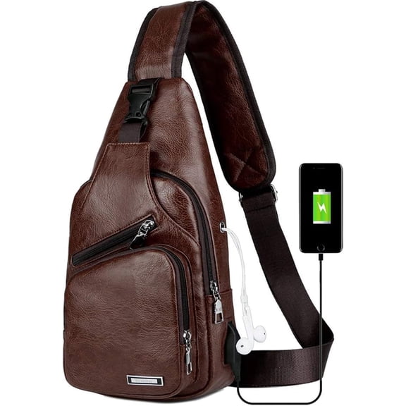 Bxaolu PU Leather Sling Bag with USB Charging Port Multi-pocket Chest Bag for Men Women Hiking Travel Daypack, [Brown,1Pack]