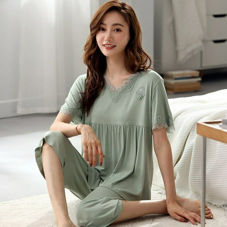 

PIKADINGNIS Women Sleepwear Suit Summer Autumn Womens Full Cotton Short Sleeve Pajamas Set Loose Adult Mother Sleepwear Set Soft Home Cloth