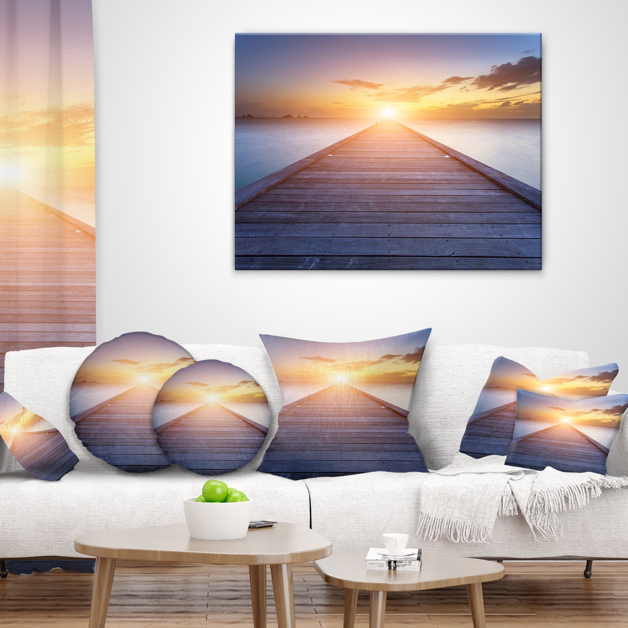 Designart Wooden Pier to Bright Evening Sun - Sea Bridge Throw Pillow - 16x16