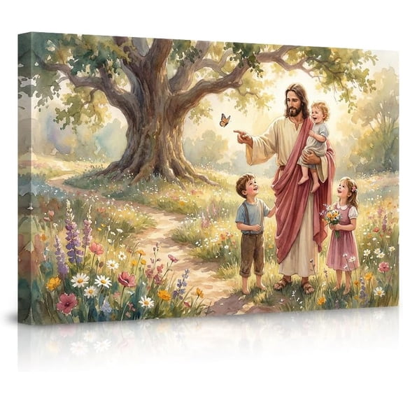 Jesus with Children Butterflies Garden Wall Art Canvas Prints Religious Decor for Bedroom Living Room