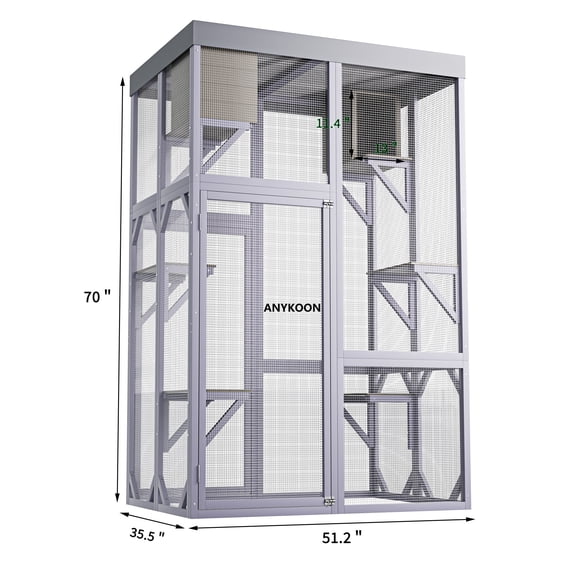 ANYKOON Large Outdoor Cat Enclosure Wooden Catio with 2 Houses & 4 Platforms, Safe Lockable Indoor/Outdoor Cat Cage for Play & Rest
