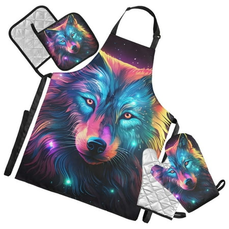Rainbow Color Wolf 5 Pcs Kitchen Set Heat Resistant Oven Mitts and Non-Slip Pot Holders with Adjustable Cooking Apron