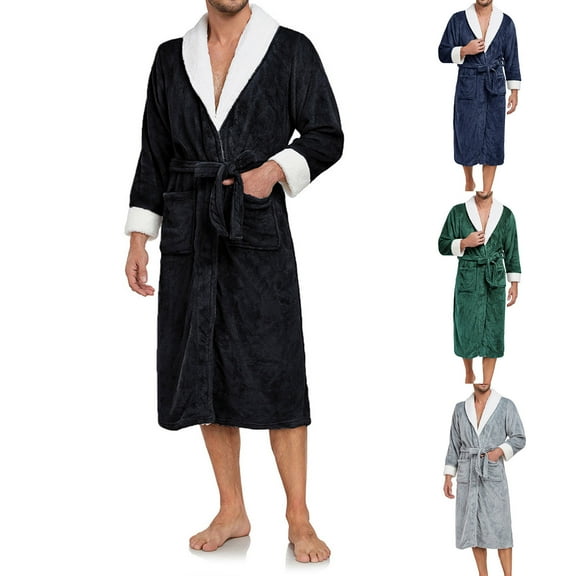 Yaltungu Mens Robes Flannel Fleece Pajamas V Neck Knee Length Long Sleeve Bathrobes Loose Thick Thermal Comfy Pjs