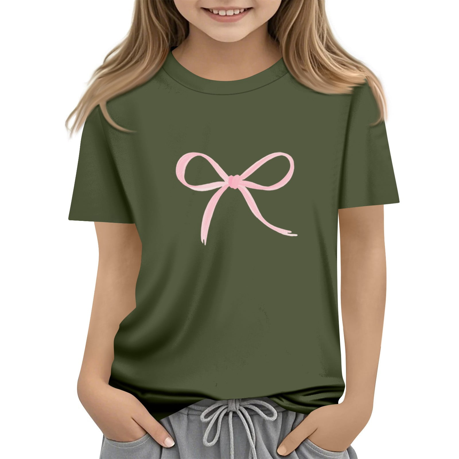 CCRFTGI Girls Shirts Cute Short Sleeve Bow Print Tunic Tops Summer Round Neck Tee Shirts Preppy Lightweight Solid Girls Fashion Shirts Army Green 11-12Y