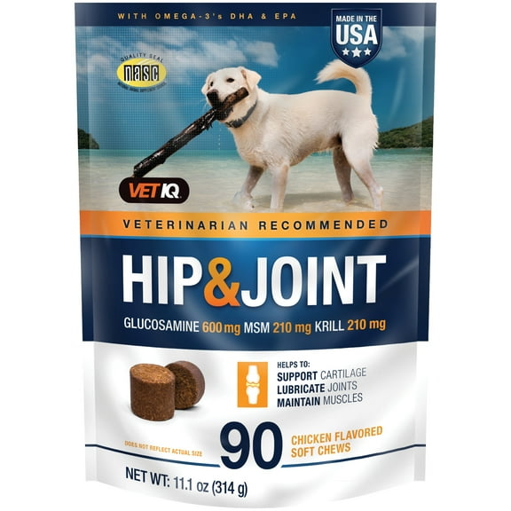 VetIQ Hip & Joint Supplement for Dogs, Chicken Flavored Soft Chews, 90 Count