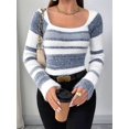 thumbnail image 5 of Women'S Pullover Striped Knit Square Neck Sweater Color Block Long Sleeve Cute Trendy Fuzzy Sweaters Blue XS, 5 of 9