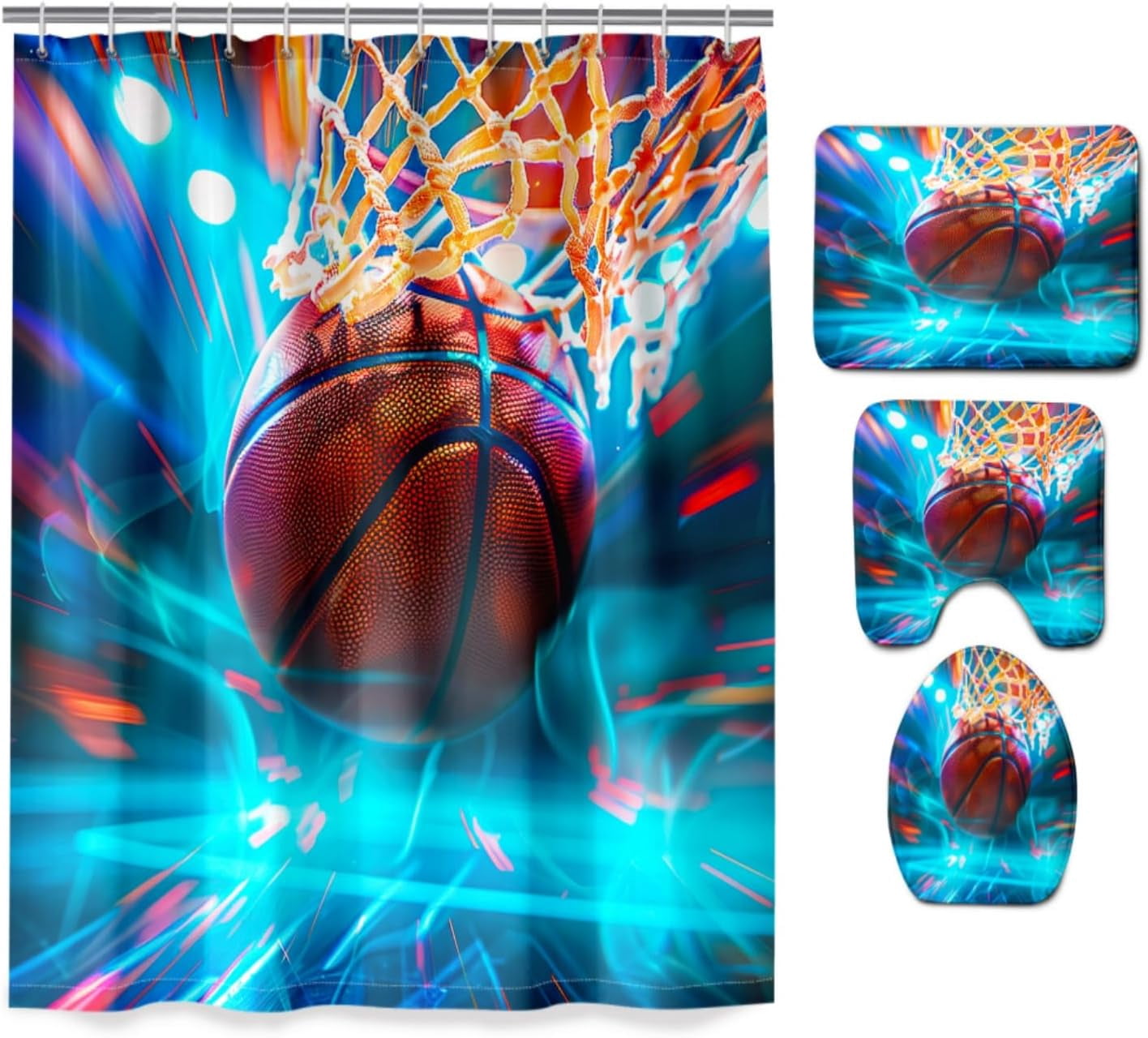 Football Shower Curtain Sets - 4PCS Sports Shower Curtain Set for Boys Bathroom Decor Bathroom Set with Football Shower Curtain and Rugs, Toilet Cover and Bath Mat, 12 Hooks