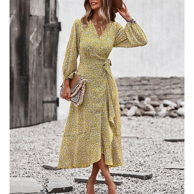 Vestido de Tirantes de Manga Larga Nikou Floral Cruzado con Cintura para Mujer Tecnología avanzada