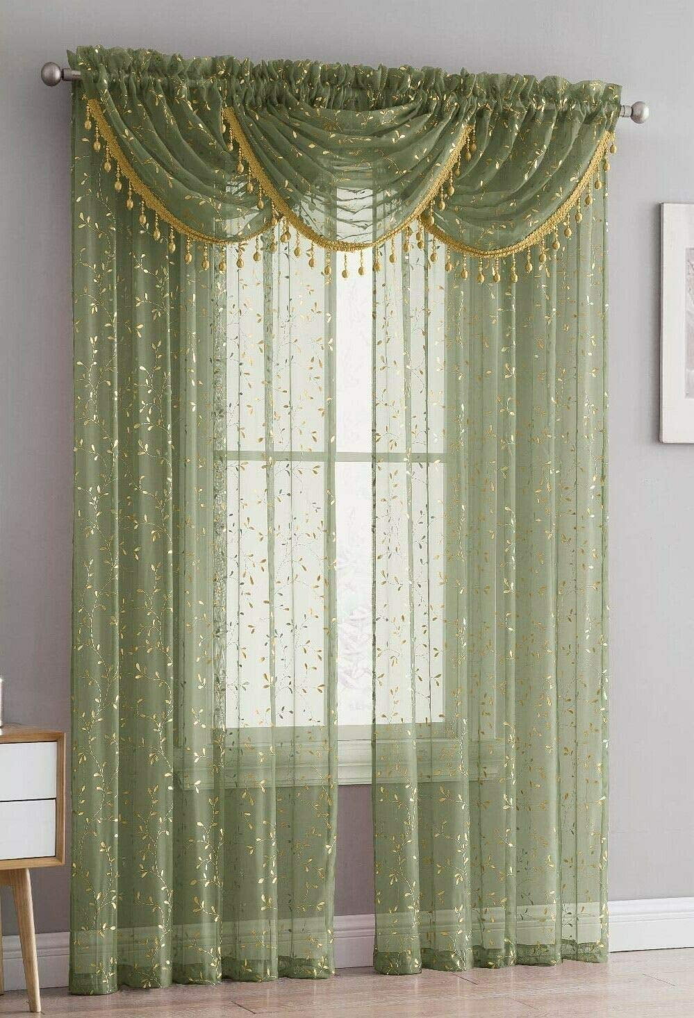 Adeline 5 Piece Sheer Curtain Set with Beaded Austrian Valances and Foil Metallic Design (Sage
