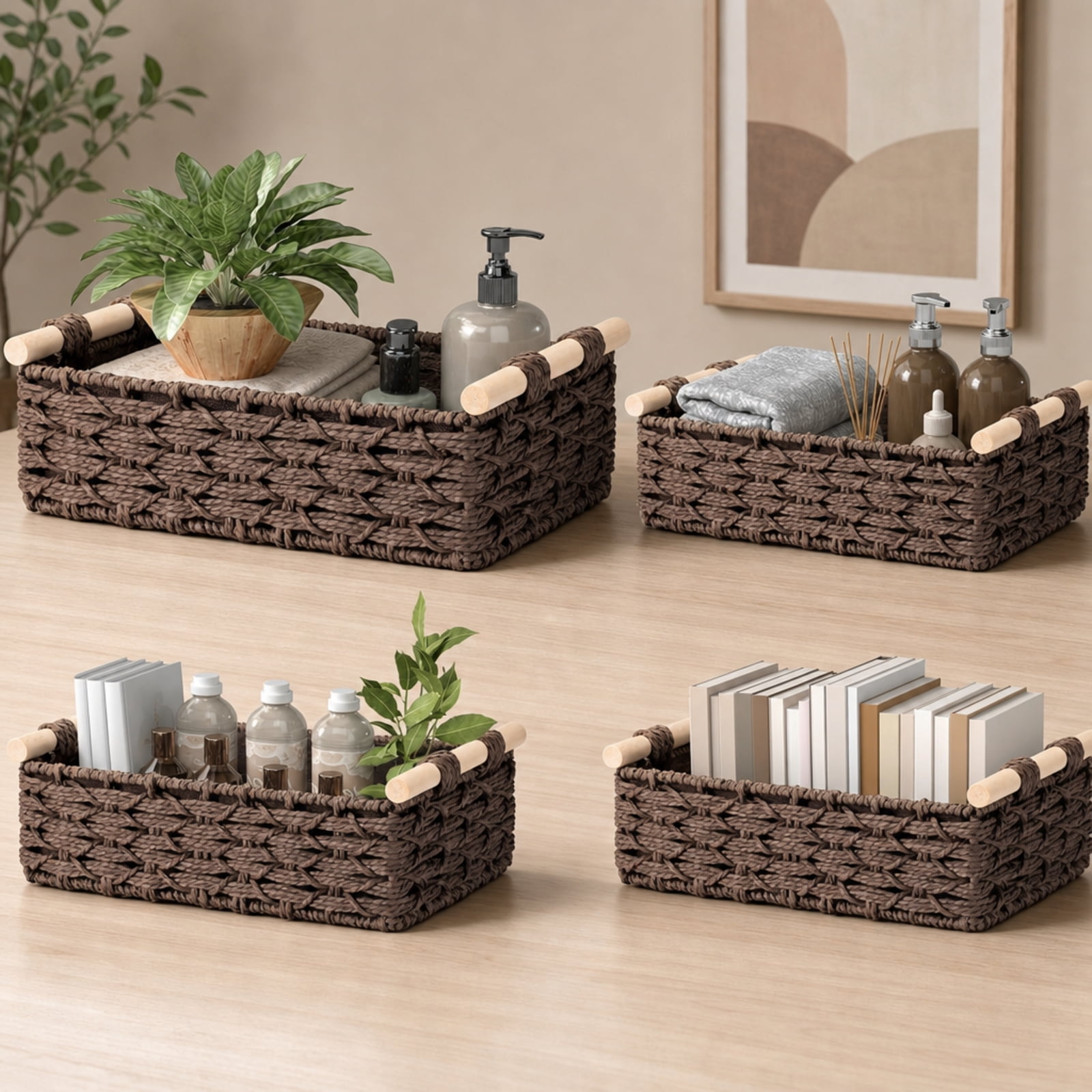Fenbeli Storage Baskets Set of 4 Foldable Fabric Storage Bins Collapsible Cube Organizers for Shelves and Closet, Beige Brown