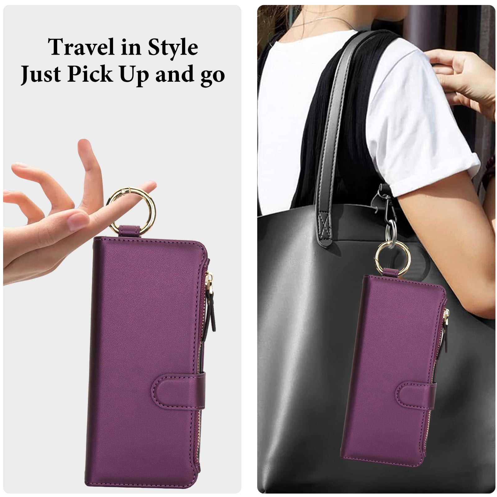 ELEHOLD For Samsung Galaxy Z Fold 4 Phone Case Leather Crossbody Zipper Card Wallet Flip Case Kickstand Cover, with Ring Holder,Full Body Protection-Deeppurple