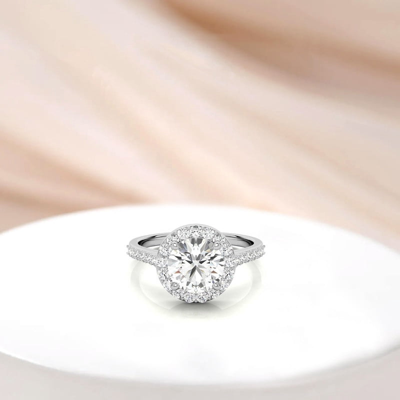 Auory 1 Carat Round Cut Moissanite Halo Engagement Ring in 18k White Gold Plating Over Sterling Silver for Women
