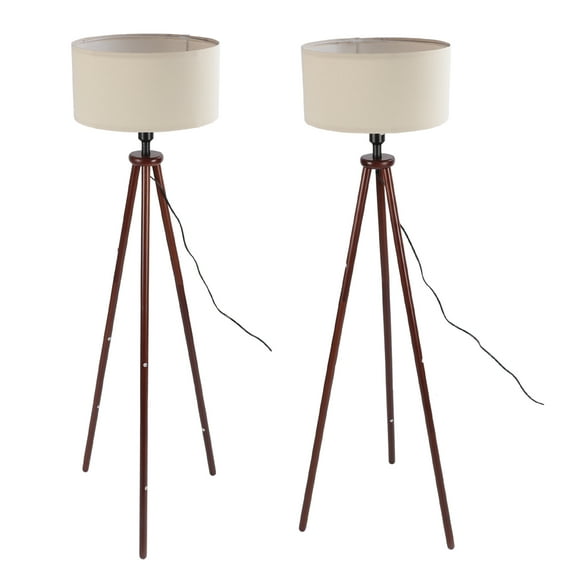 Wood Tripod Floor Lamp, Mid Century Flax Lampshade Modern Foot Pedal Switch Standing Lamp for Living Room Bedroom