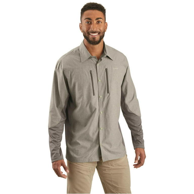 Guide Gear Mens Long Sleeve Hybrid Performance Button Down Shirt Moisture Wicking Anti Odor Breathable for Outdoors