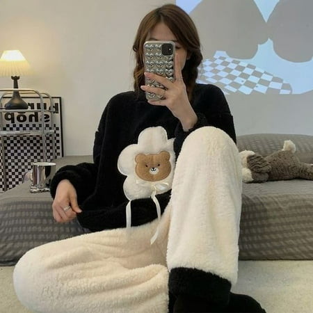 

CoCopeaunt Coral fleece pajamas womens autumn and winter thickened velvet cute Korean version of the warm suit loose facecloth home wear