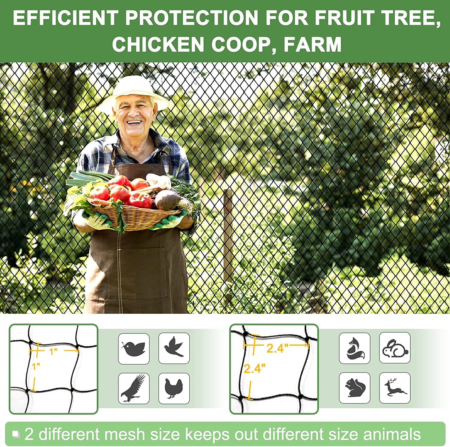 Bird Net - 25' x 50' Garden Netting with 2.4" Square Mesh Protect Fruit Tree, Plant and Vegetables from Poultry, Deer Pests, Heavy Duty for Garden, Farm, Orchard