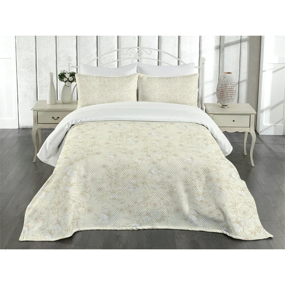 Ambesonne Ivory Quilted Bedspread Set 3 Pcs, Floral Branches Botanical, King Size, Cream White