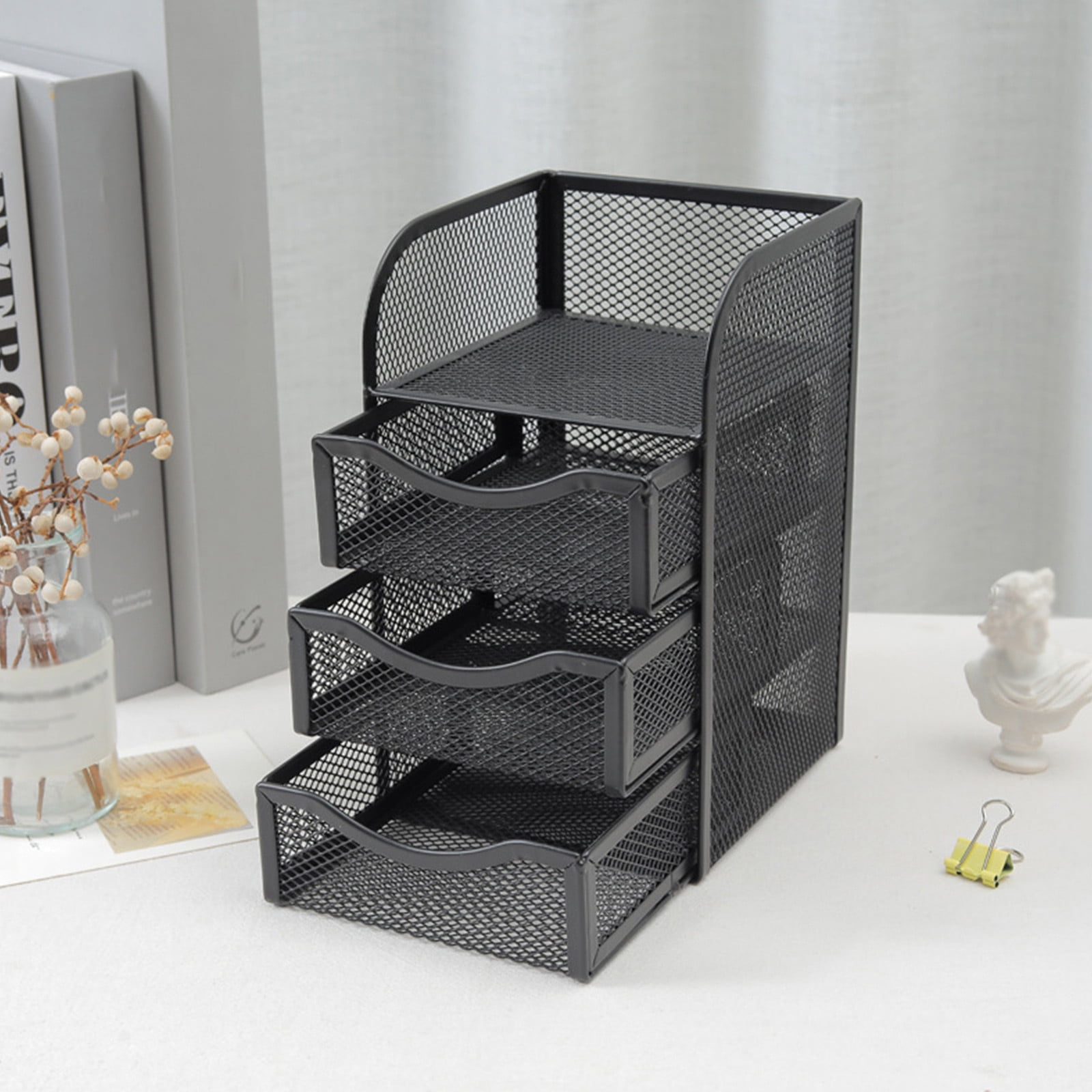 YMARPT Mesh Desk Supplies Organizer With 3 Drawer Office Desktop Organizers And Accessories Stationery Caddy, Black for Household Car Cleaning