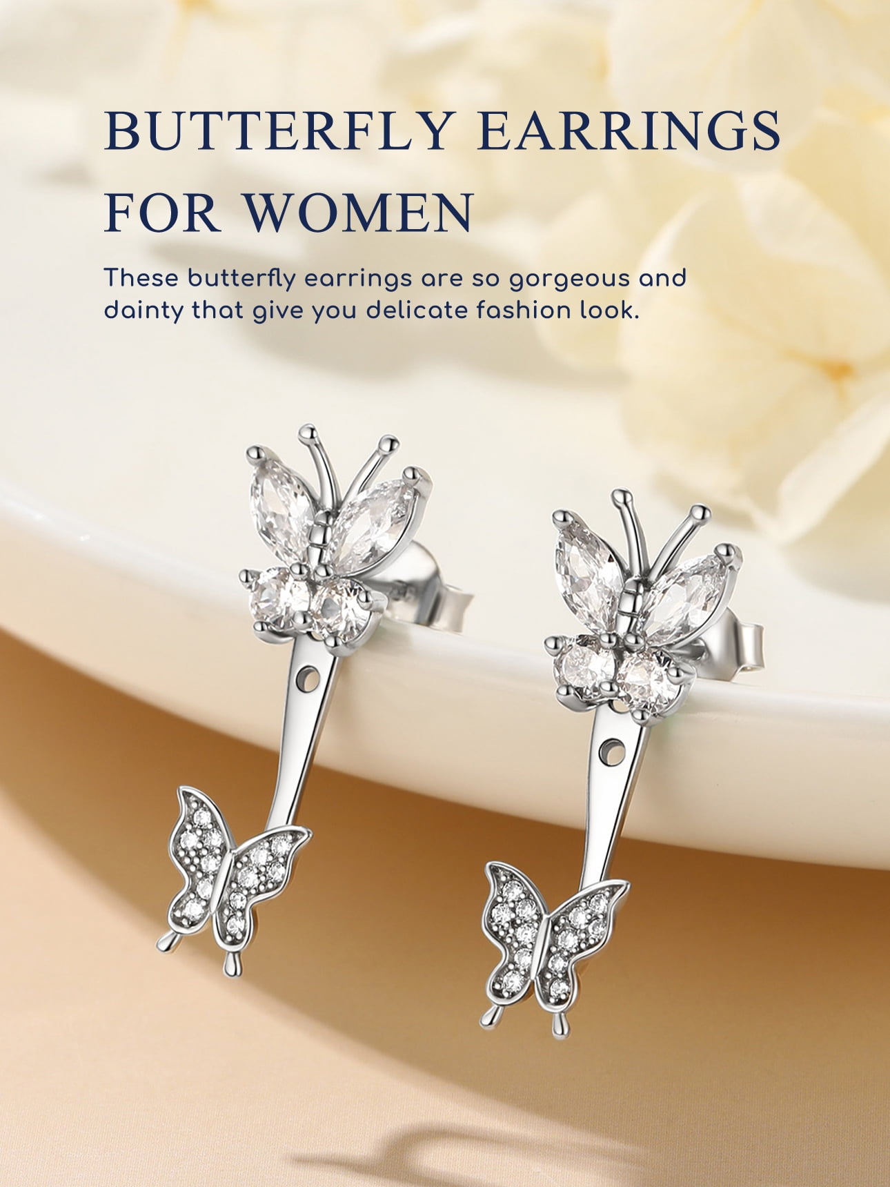 Suplight 925 Sterling Silver White Zirconia EarringsJacket Butterfly Stud Earrings for Women