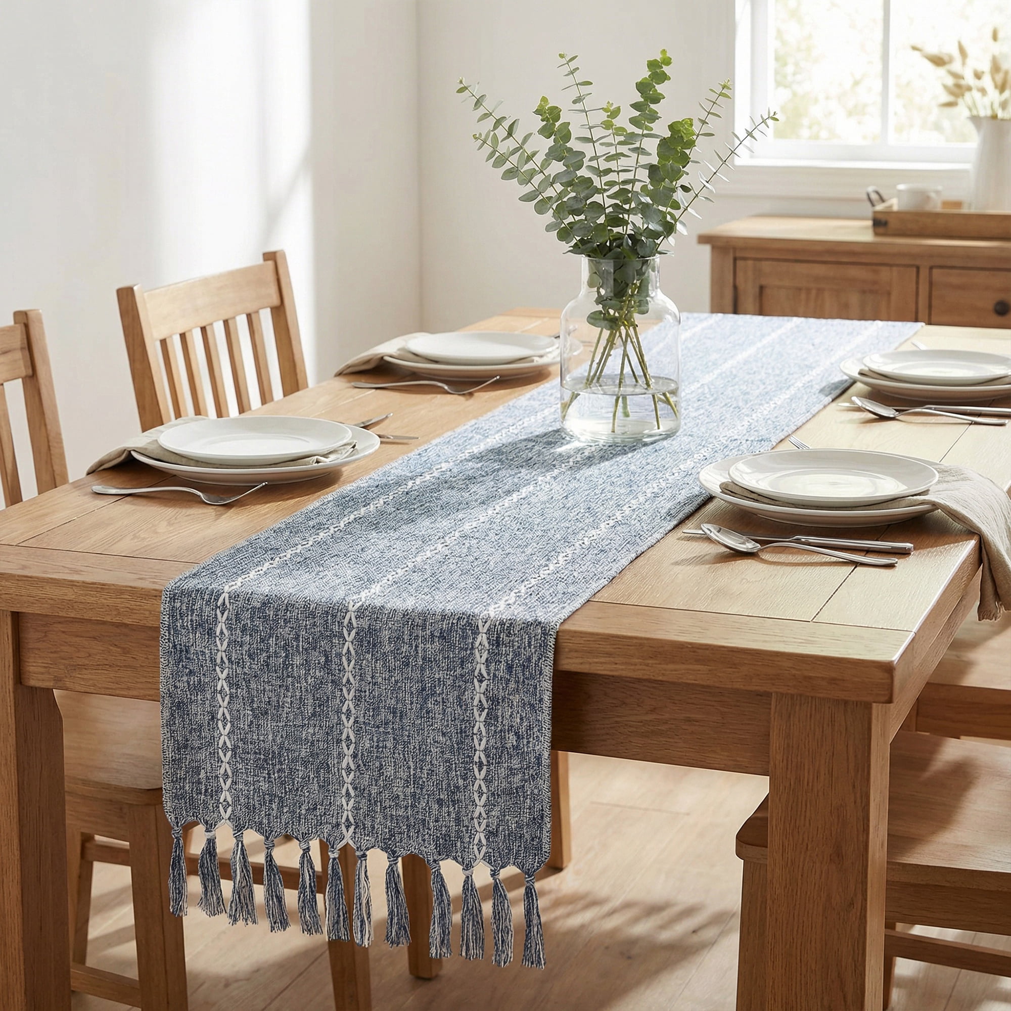 Unique Bargains Washable Polyester Kitchen Runner with Tassel for Dining Blue 13"x89.8"