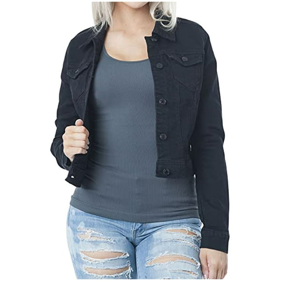 Baberdicy Denim Jacket Womens Casual Long Sleeve Cardigan Jacket Lady Coat Jumper Slim Coat Denim Jacket Black
