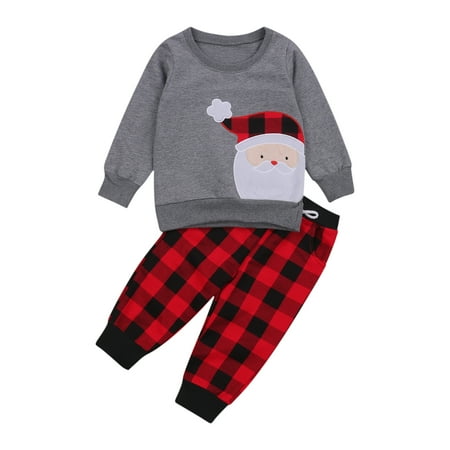 

Kids Boys Girls Christmas Pajama Sets Santa Plaid Print Long Sleeve Pullover Tops Pants Autumn Winter Homewear