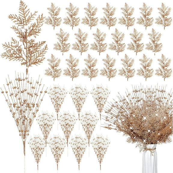 20 Pcs 17" Champagne Gold Christmas Glitter Berry Stem Decors and 10.6" Artificial Pine Needles Artificial Xmas Pick Fake Branches Twig Spray Bead Stick for Tree Ornaments DIY Wreath Garland