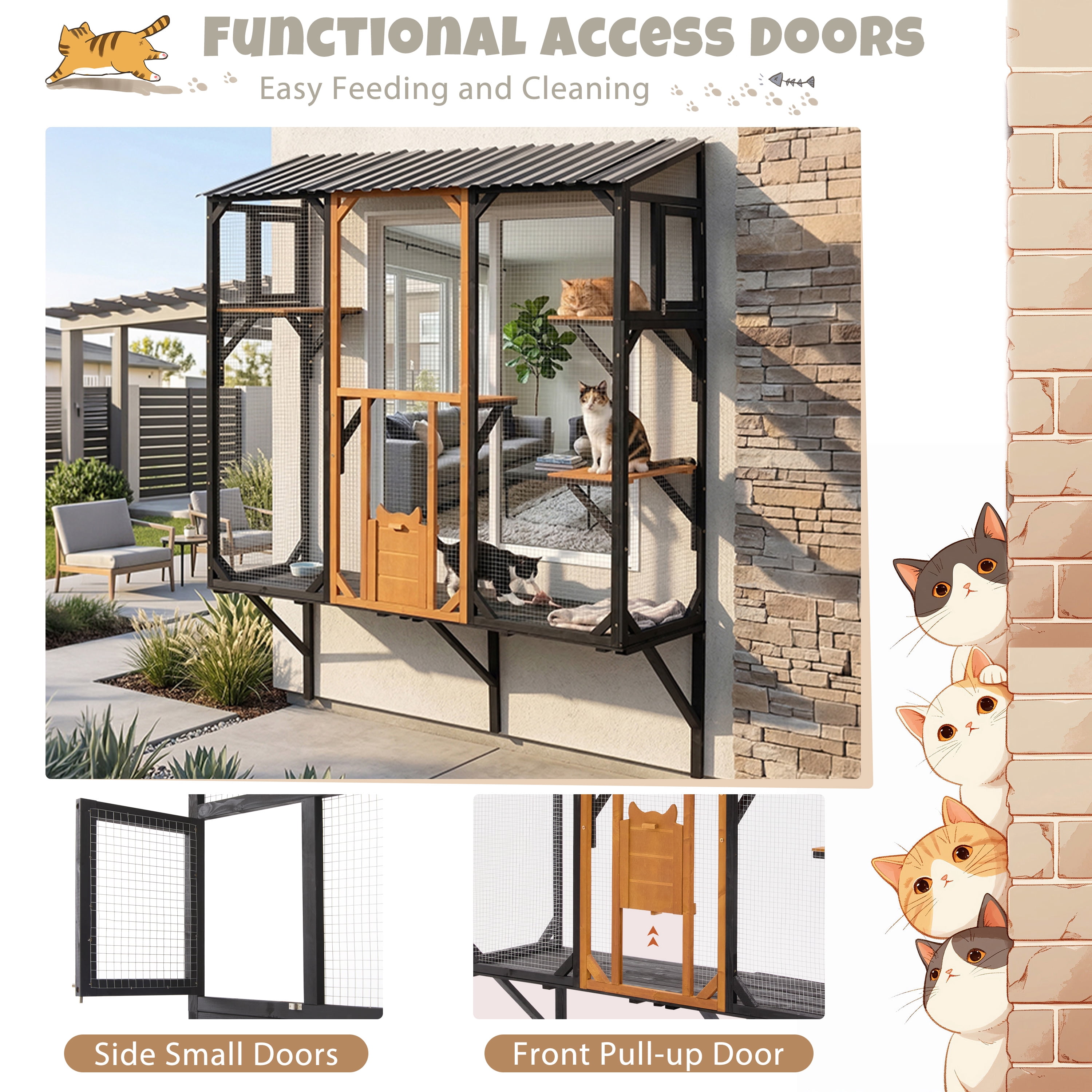 YIORTWO Outdoor Window Catio, 4-Tier Wood Cat Enclosure with Climbing Shelves, Black & Brown