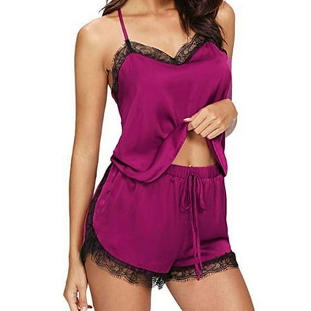 Women Sleepwear Babydoll Strap Nightwear Lace Trim Satin Cami Top Pajama