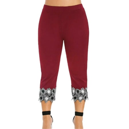 Fashnice Ladies Capris High Waisted Plus Size Capri Leggings Elastic Waist  Oversized Jeggings Stretchy Sports Workout Pant Wine Red 3XL 