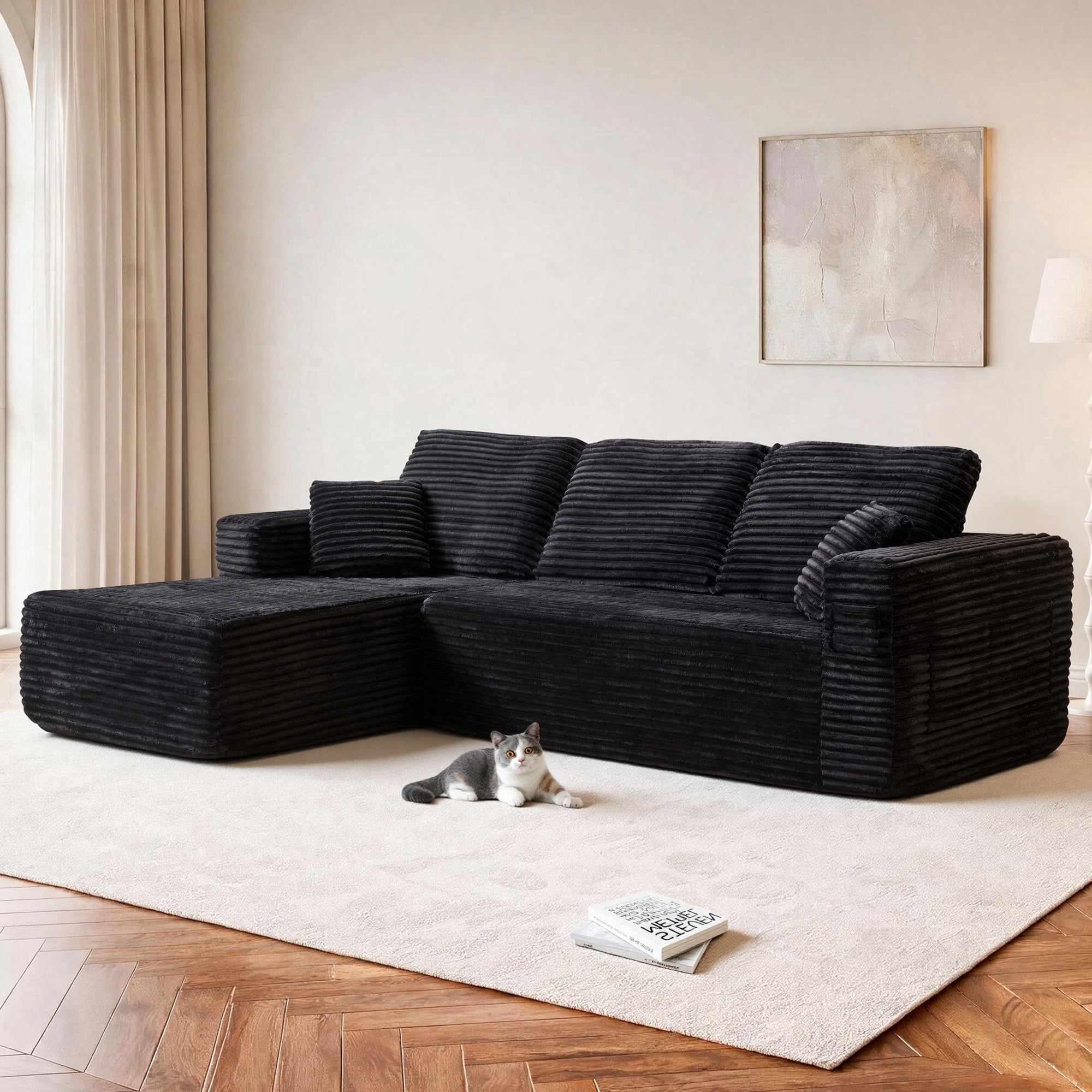 HOQBN 100.39" Cloud Sectional Couch with L-Shape Chaise,Modern Modular Sofa with Deep Seat,No Assembly Required,Compressed Packaging for Living Room Black