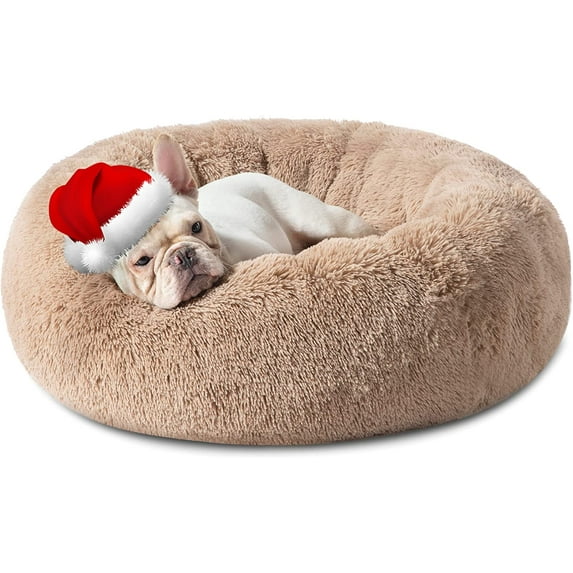 Calming Dog Beds for Small Medium Large Dogs - Round Donut Washable Dog Bed, Anti-Slip Faux Fur Fluffy Donut Cuddler Anxiety Cat Bed, Fits up to 15-100 lbs