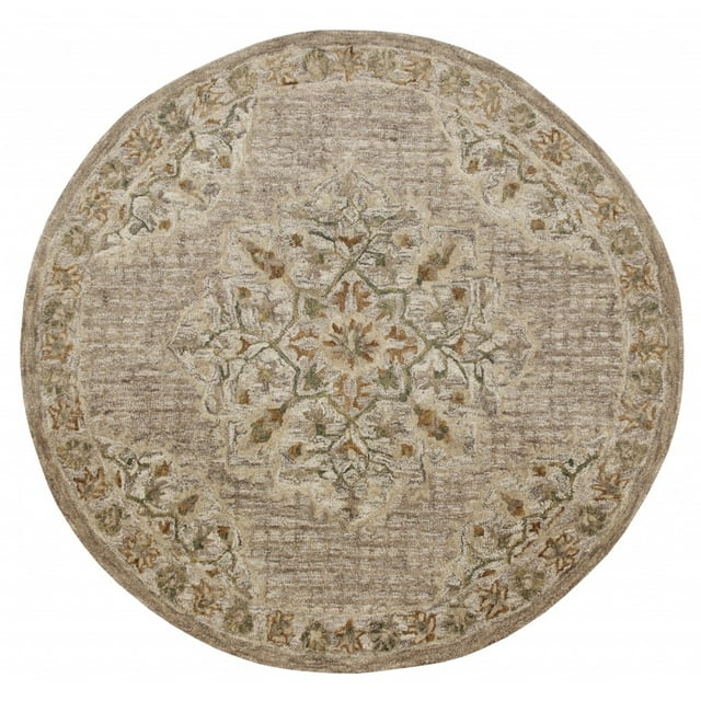 homeroots home decor 396193 6’ Round Beige Distressed Medallion Area Rug