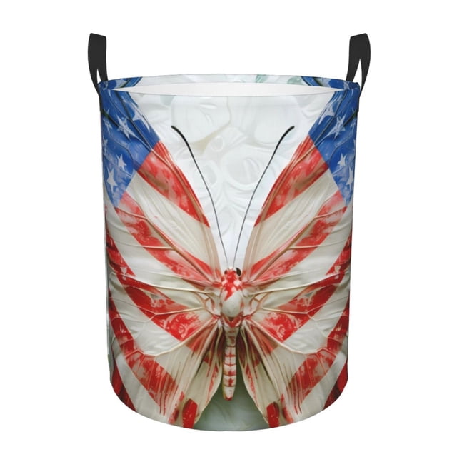 Balery Patriotic Butterfly Floral Cesta de ropa redonda con asas, impermeable, independiente, para ropa, juguetes, dormitorio y familia-Small