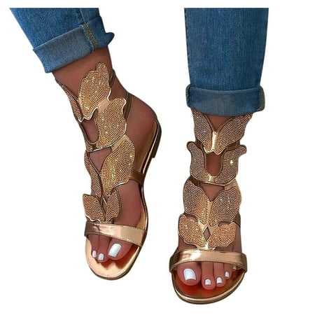 

Crystal Open Toe Flats Sandal for Women Shiny Rhinestone Sandals Ankle Boots Slides Shoes Low Heels Sandals
