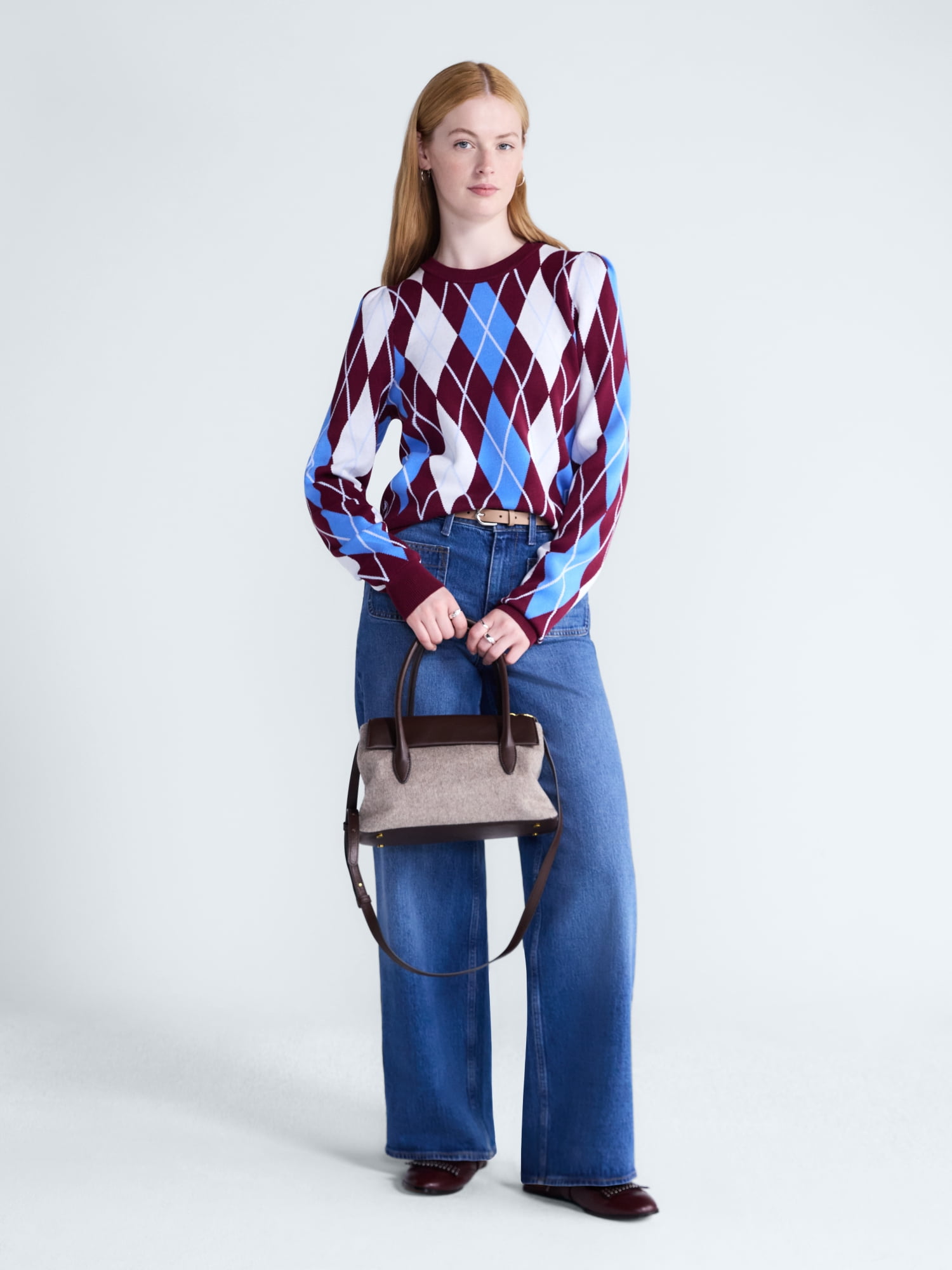 Free Assembly Women's and Women’s Plus Argyle Sweater with Puff Sleeves, Midweight, Sizes XS-XXL