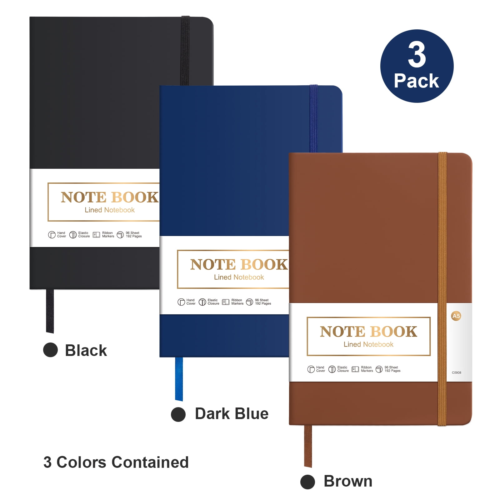 Vivin 3 Pack College Ruled Lined Journal Notebooks for Writing, 192 pages A5 Hardcover Leather Journals, Leather Notebook, Black, Navy, Brown