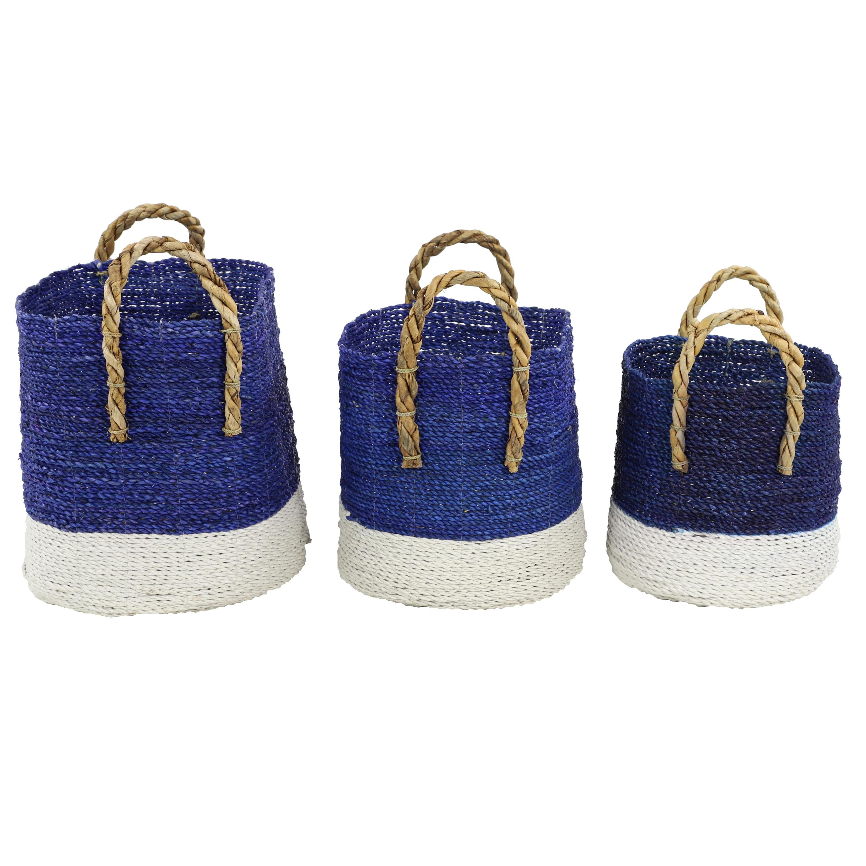 DecMode 17", 15", 13"W Blue Seagrass Handmade Two Toned Storage Basket with Handles, 3-Pieces