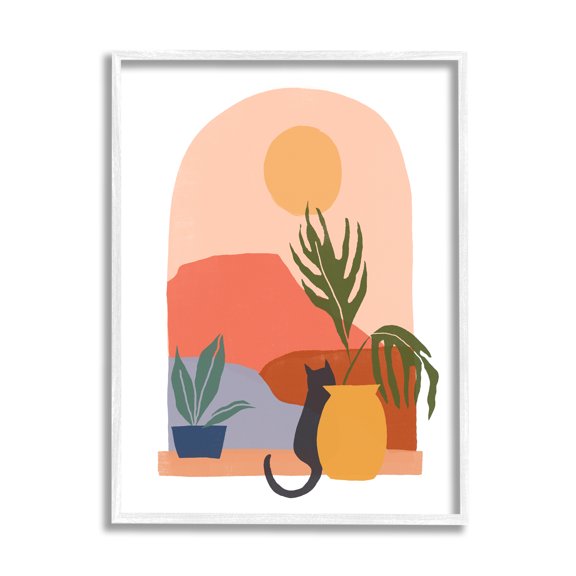 Stupell Industries Cat Watching Desert Dunes Modern Window View Graphic Art White Framed Art Print Wall Art, Design by June Erica Vess