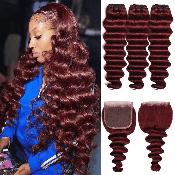 99j Burgundy Human Hair Bundles With 4x4 Lace Closure Loose Deep Wave Bundles Human Hair For Women