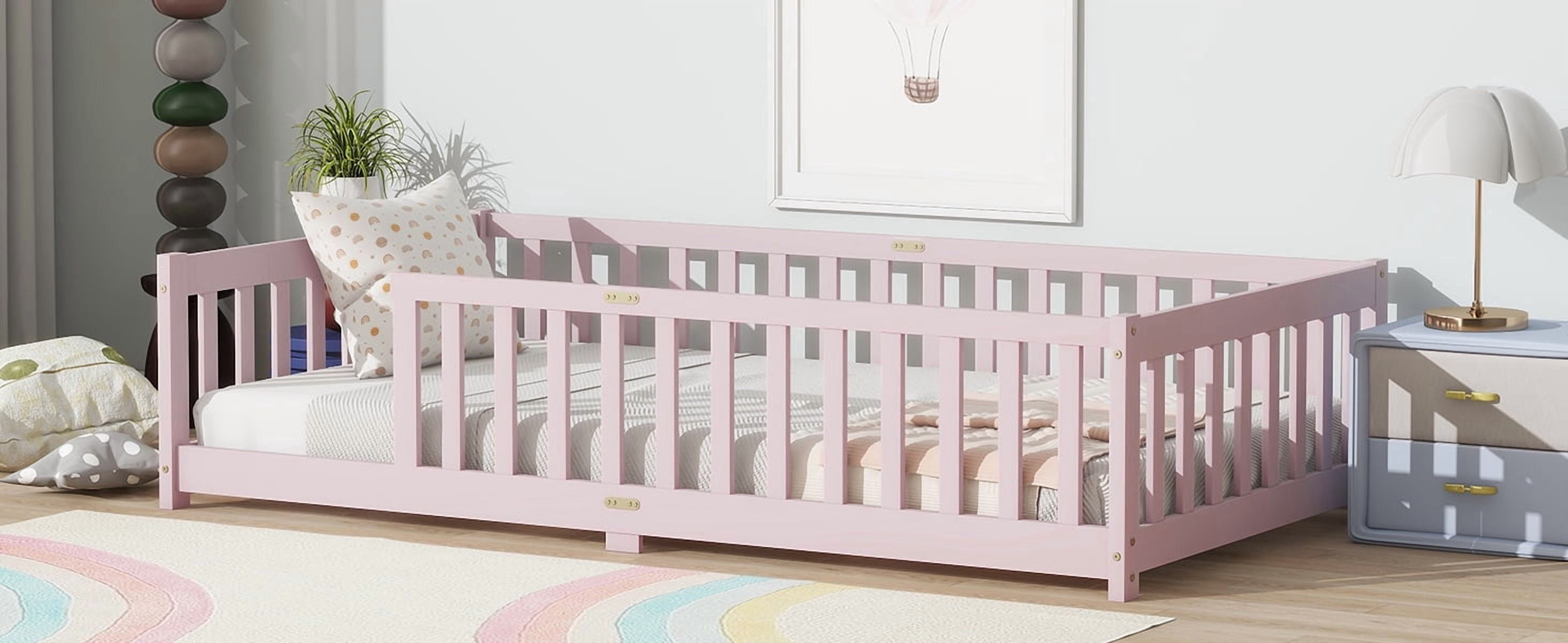 Twin Size Pink Rubber Wood Floor Bed with Full Surround Fence, Kids Safety Guardrail Platform Bed, No Box Spring Needed, 250 lbs Weight Capacity