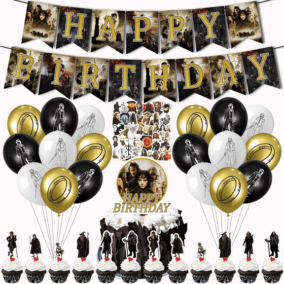 82PCS For Lord of the Rings Theme Birthday Party Decorations,Party Supply Set for with 50 Stickers,1 Happy Birthday Banner Garland,18 Balloons,13 Cupcake Toppers
