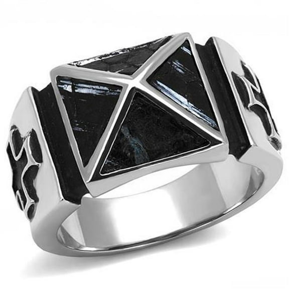 Alamode TK3075-8 Men High Polished Stainless Steel Ring with Leather in Jet - Size 8
