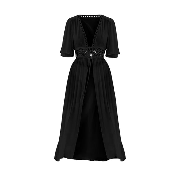 FINALGANG Womens V Neck Short Flutter Sleeve Solid Color Hollow Lace Tie Front Long Cover Up Dress Loose Beach Kimono Robe Summer Basic Outer Dress For Seaside Resort Versatile Cover Up XL