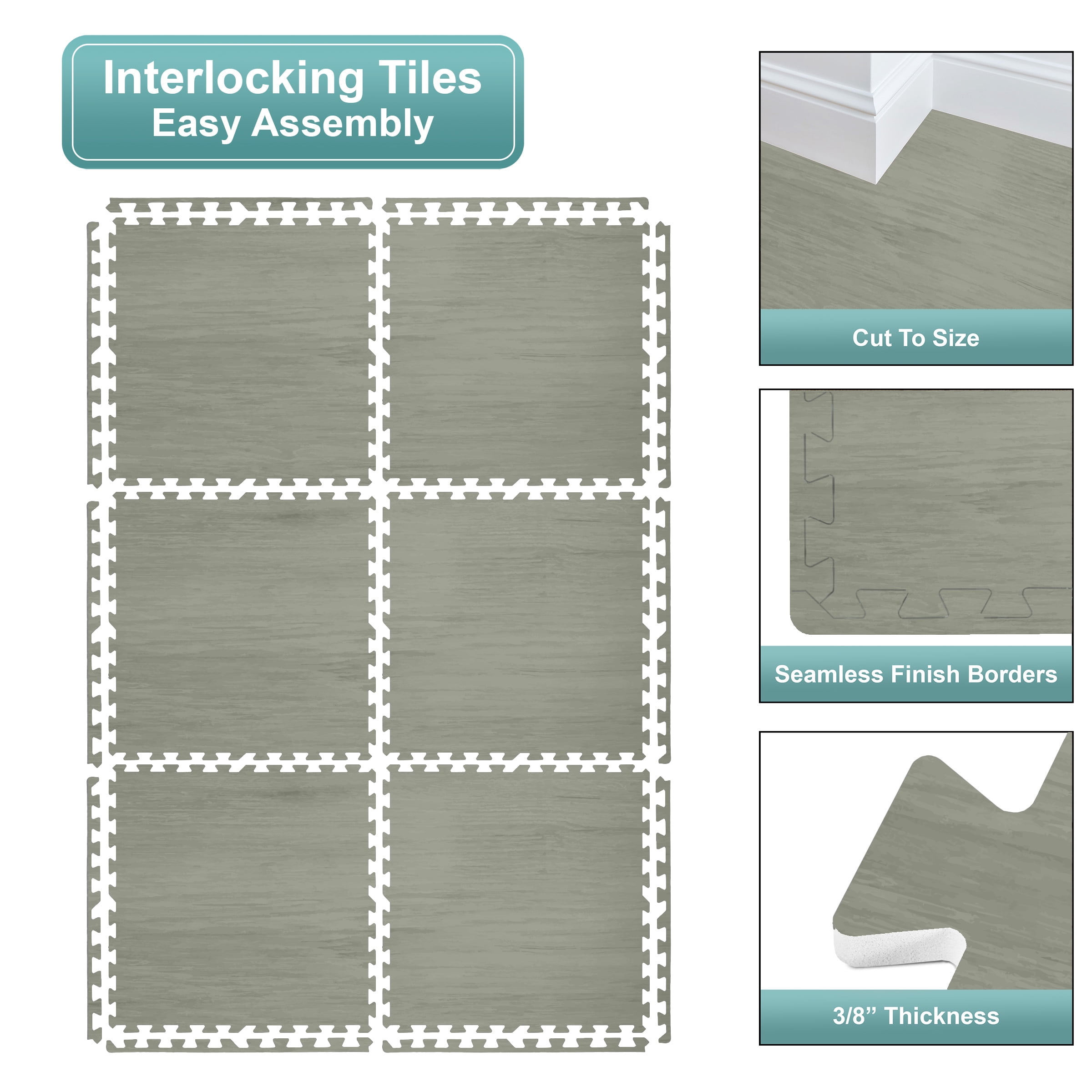 Sorbus Waterproof Wood Grain Foam Floor Tiles, 36 Tiles, 144 Sq Ft, Interlocking, Gray